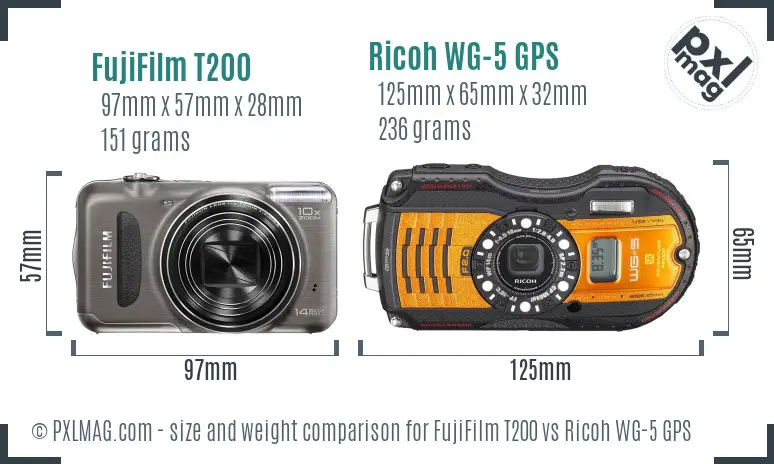 FujiFilm T200 vs Ricoh WG-5 GPS size comparison