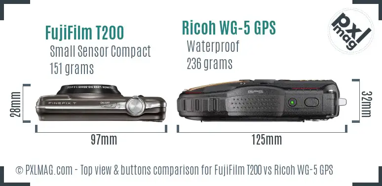 FujiFilm T200 vs Ricoh WG-5 GPS top view buttons comparison