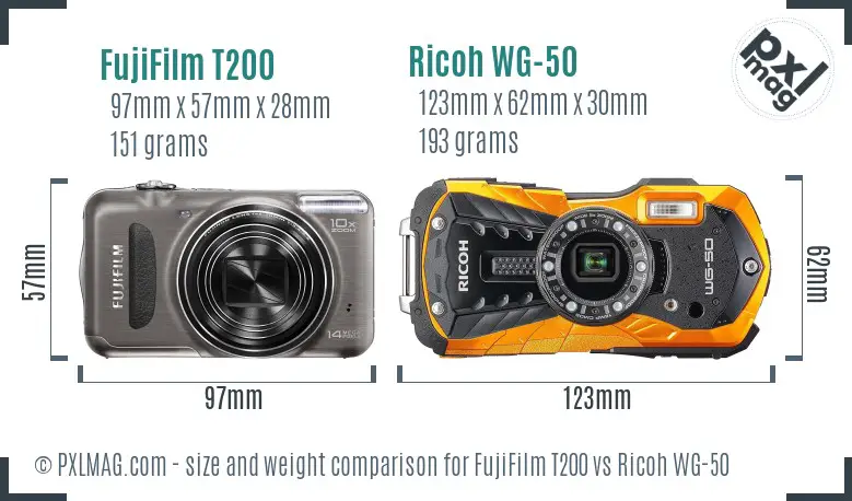 FujiFilm T200 vs Ricoh WG-50 size comparison