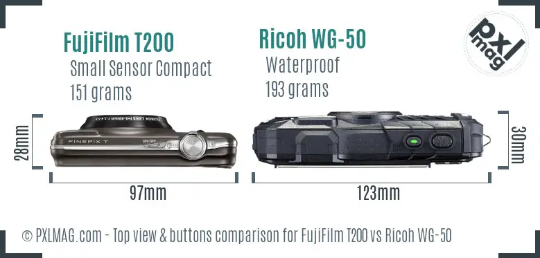 FujiFilm T200 vs Ricoh WG-50 top view buttons comparison