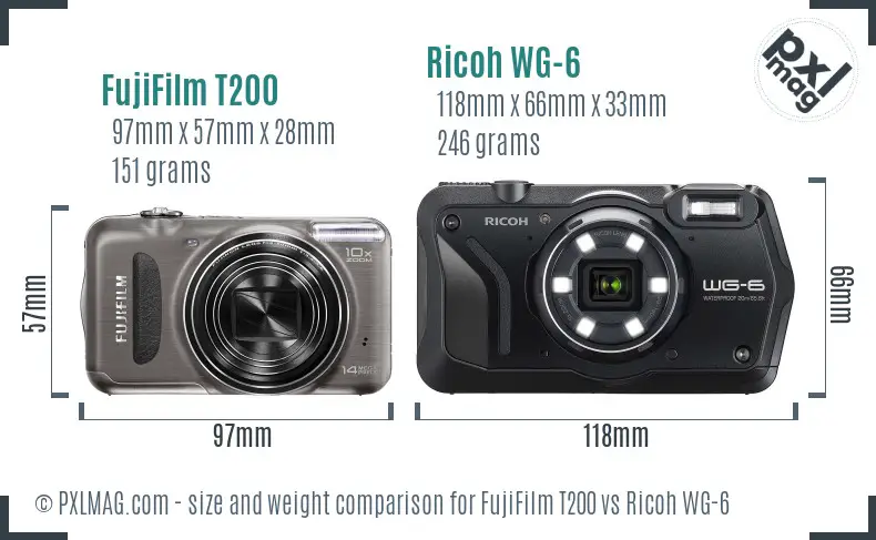 FujiFilm T200 vs Ricoh WG-6 size comparison