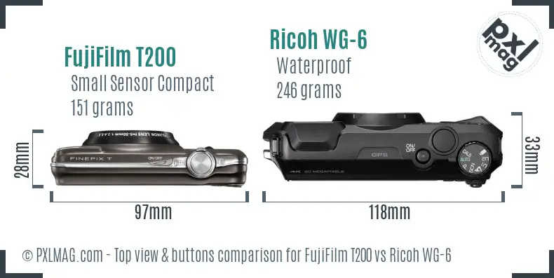 FujiFilm T200 vs Ricoh WG-6 top view buttons comparison