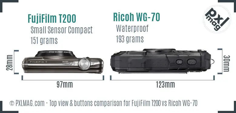 FujiFilm T200 vs Ricoh WG-70 top view buttons comparison FujiFilm T200 vs Ricoh WG-70 top view buttons comparison