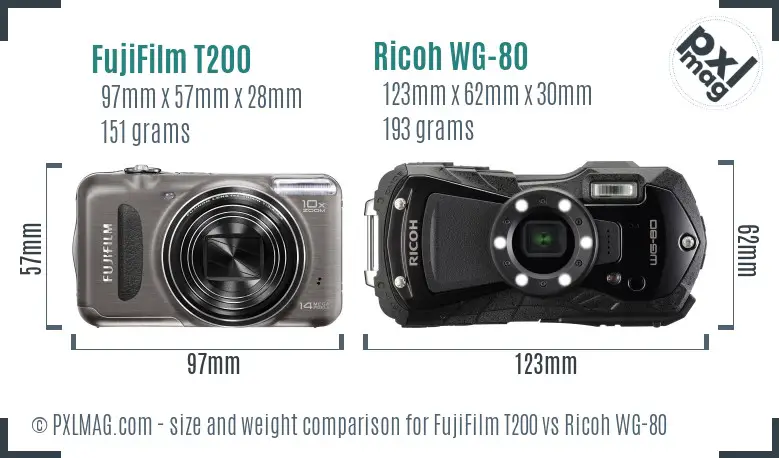 FujiFilm T200 vs Ricoh WG-80 size comparison