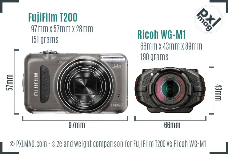 FujiFilm T200 vs Ricoh WG-M1 size comparison