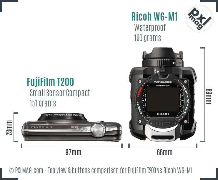 FujiFilm T200 vs Ricoh WG-M1 top view buttons comparison