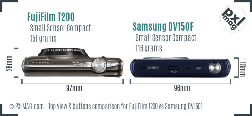 FujiFilm T200 vs Samsung DV150F top view buttons comparison FujiFilm T200 vs Samsung DV150F top view buttons comparison