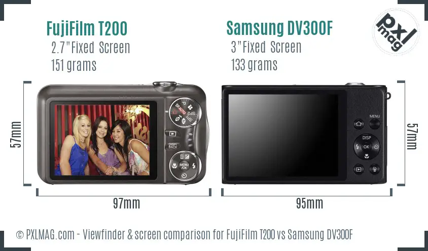 FujiFilm T200 vs Samsung DV300F Screen and Viewfinder comparison