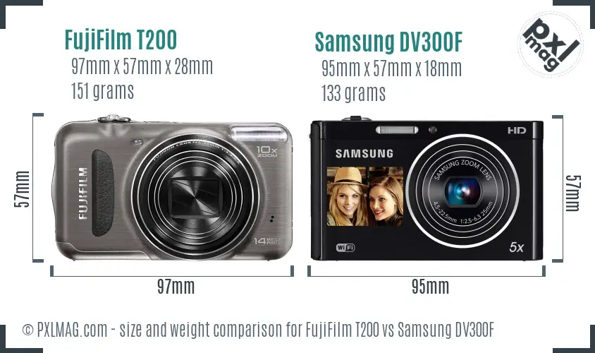 FujiFilm T200 vs Samsung DV300F size comparison