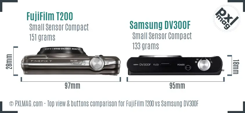 FujiFilm T200 vs Samsung DV300F top view buttons comparison