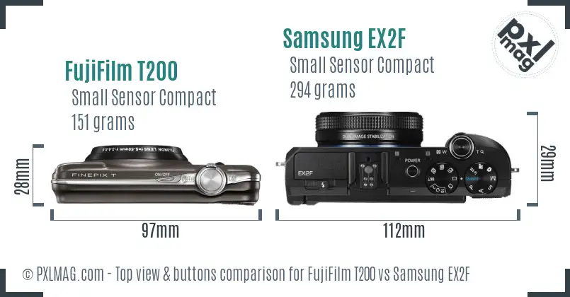 FujiFilm T200 vs Samsung EX2F top view buttons comparison