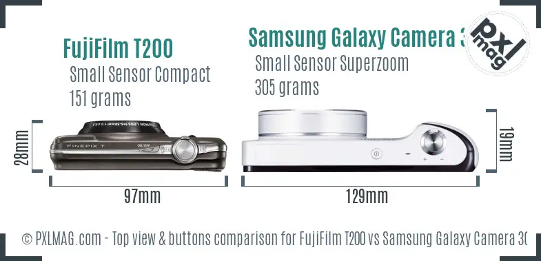 FujiFilm T200 vs Samsung Galaxy Camera 3G top view buttons comparison