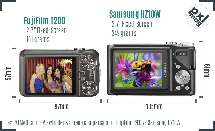 FujiFilm T200 vs Samsung HZ10W Screen and Viewfinder comparison