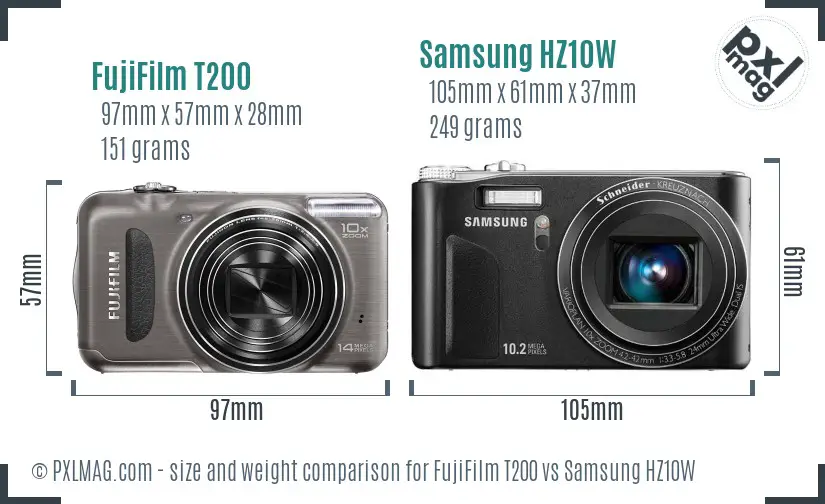 FujiFilm T200 vs Samsung HZ10W size comparison
