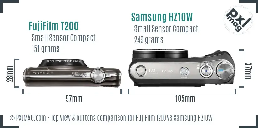 FujiFilm T200 vs Samsung HZ10W top view buttons comparison