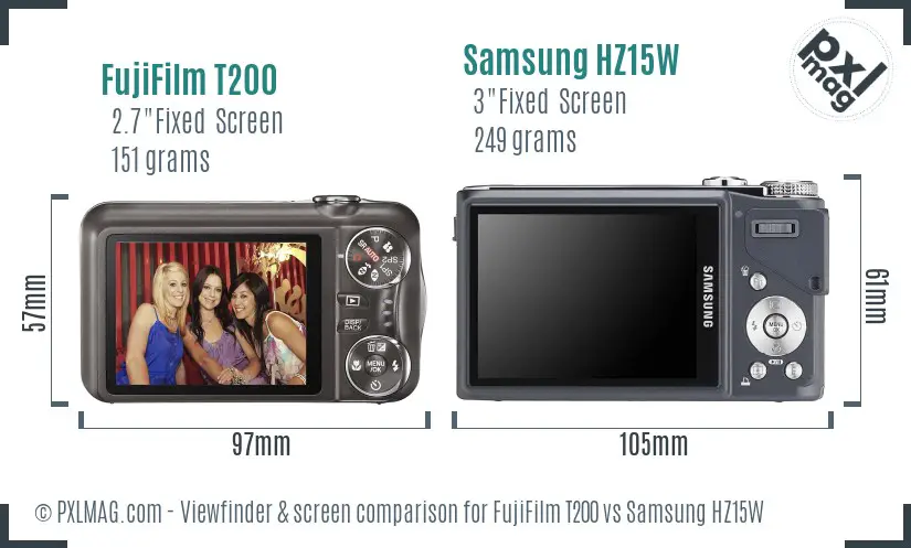 FujiFilm T200 vs Samsung HZ15W Screen and Viewfinder comparison