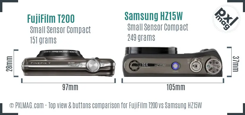 FujiFilm T200 vs Samsung HZ15W top view buttons comparison