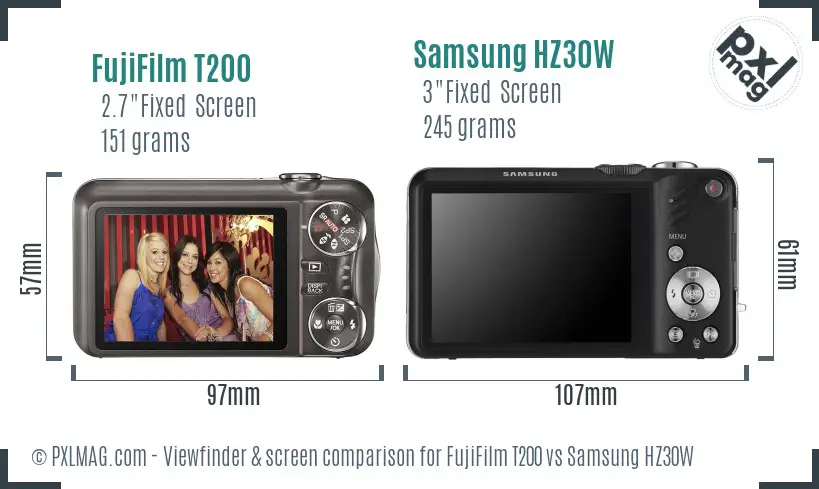 FujiFilm T200 vs Samsung HZ30W Screen and Viewfinder comparison