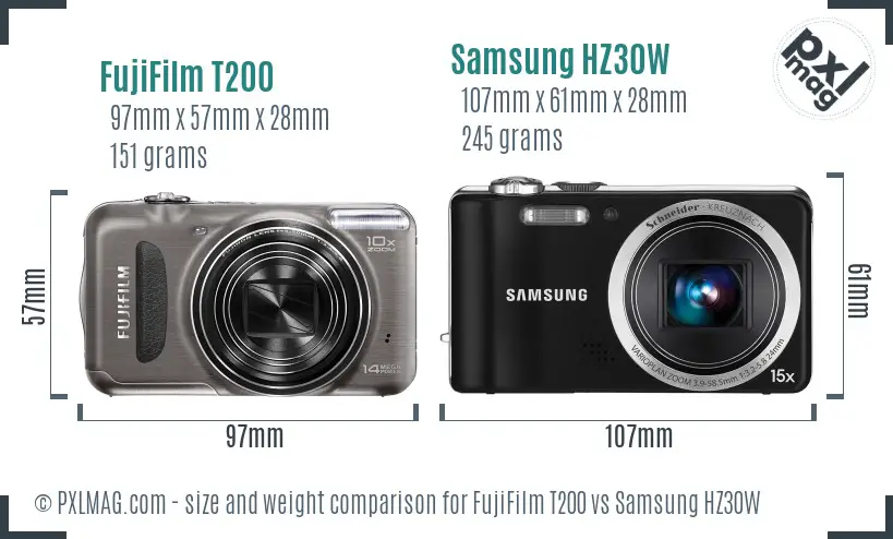 FujiFilm T200 vs Samsung HZ30W size comparison