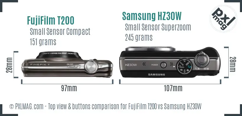 FujiFilm T200 vs Samsung HZ30W top view buttons comparison