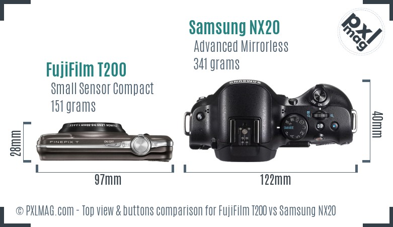 FujiFilm T200 vs Samsung NX20 top view buttons comparison
