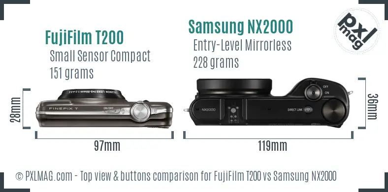 FujiFilm T200 vs Samsung NX2000 top view buttons comparison