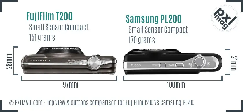 FujiFilm T200 vs Samsung PL200 top view buttons comparison