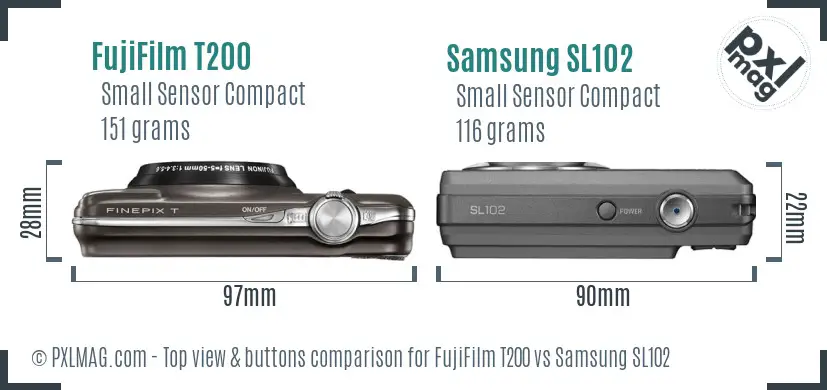 FujiFilm T200 vs Samsung SL102 top view buttons comparison