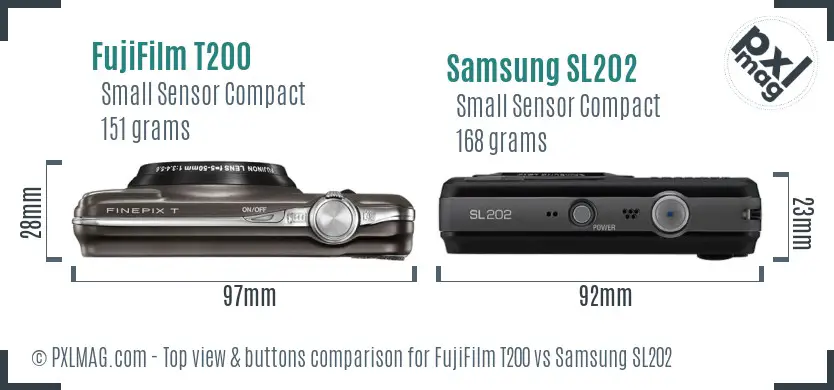 FujiFilm T200 vs Samsung SL202 top view buttons comparison FujiFilm T200 vs Samsung SL202 top view buttons comparison