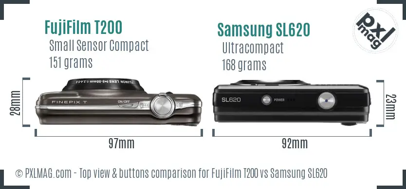 FujiFilm T200 vs Samsung SL620 top view buttons comparison