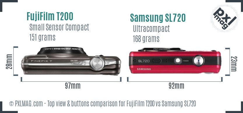 FujiFilm T200 vs Samsung SL720 top view buttons comparison