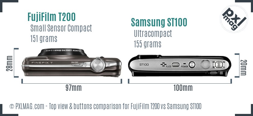 FujiFilm T200 vs Samsung ST100 top view buttons comparison