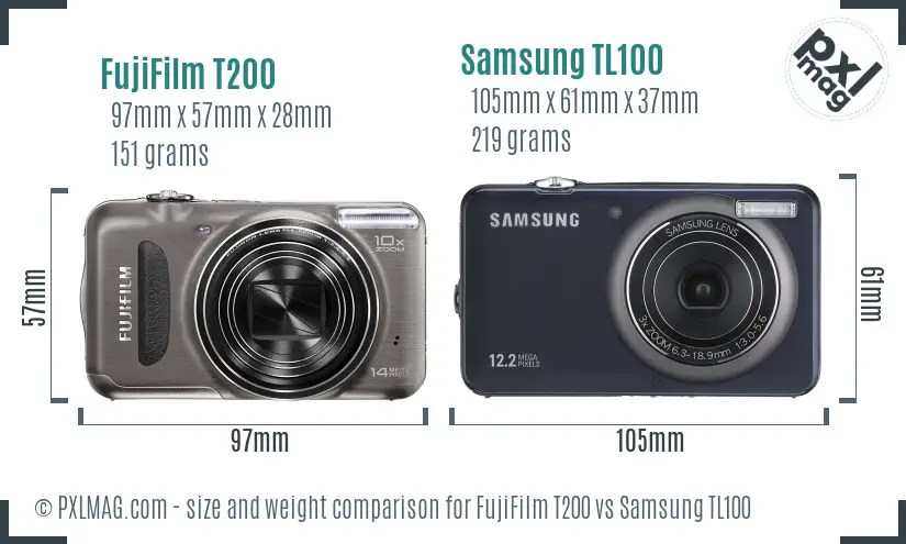FujiFilm T200 vs Samsung TL100 size comparison