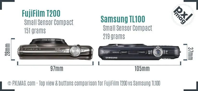 FujiFilm T200 vs Samsung TL100 top view buttons comparison