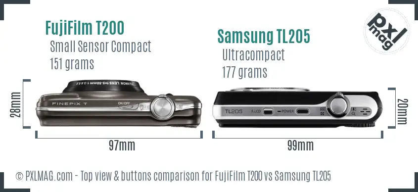 FujiFilm T200 vs Samsung TL205 top view buttons comparison FujiFilm T200 vs Samsung TL205 top view buttons comparison
