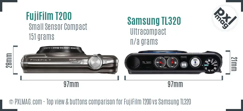 FujiFilm T200 vs Samsung TL320 top view buttons comparison FujiFilm T200 vs Samsung TL320 top view buttons comparison