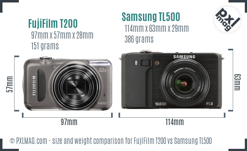 FujiFilm T200 vs Samsung TL500 size comparison