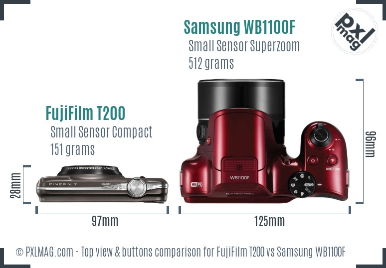 FujiFilm T200 vs Samsung WB1100F top view buttons comparison