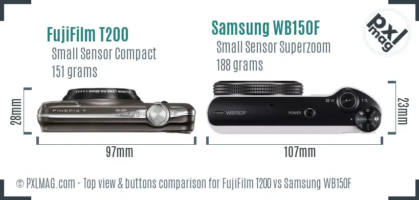 FujiFilm T200 vs Samsung WB150F top view buttons comparison