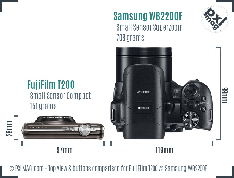 FujiFilm T200 vs Samsung WB2200F top view buttons comparison