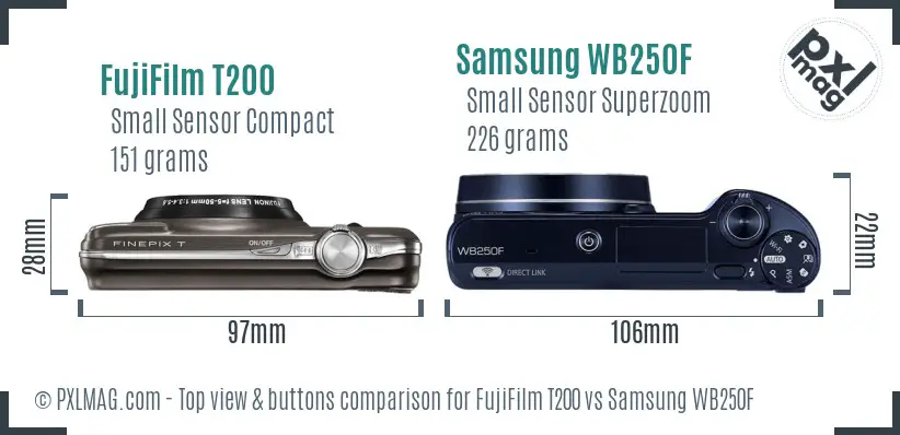 FujiFilm T200 vs Samsung WB250F top view buttons comparison