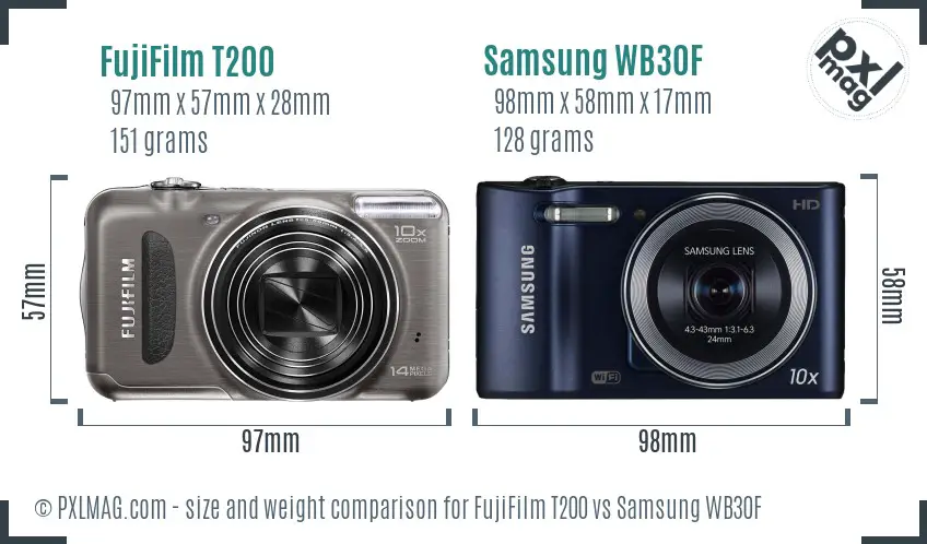 FujiFilm T200 vs Samsung WB30F size comparison