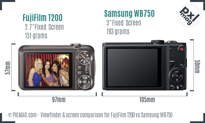 FujiFilm T200 vs Samsung WB750 Screen and Viewfinder comparison