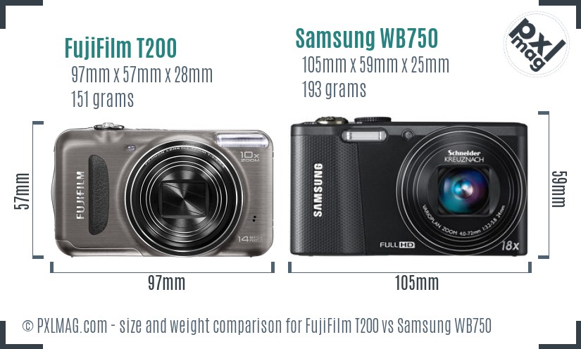 FujiFilm T200 vs Samsung WB750 size comparison