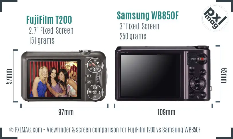 FujiFilm T200 vs Samsung WB850F Screen and Viewfinder comparison