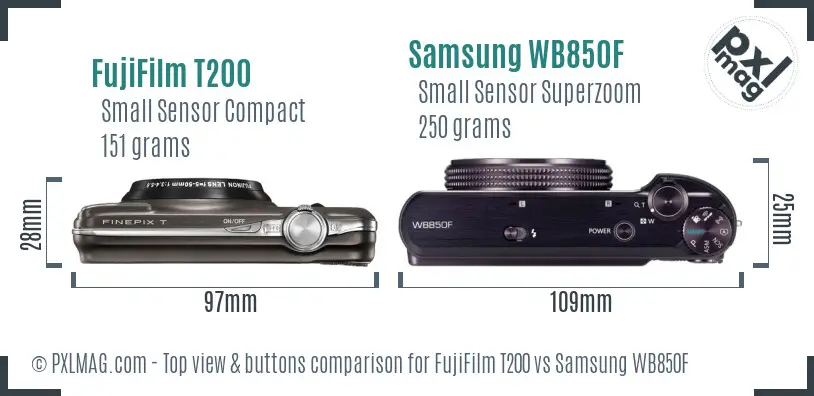 FujiFilm T200 vs Samsung WB850F top view buttons comparison