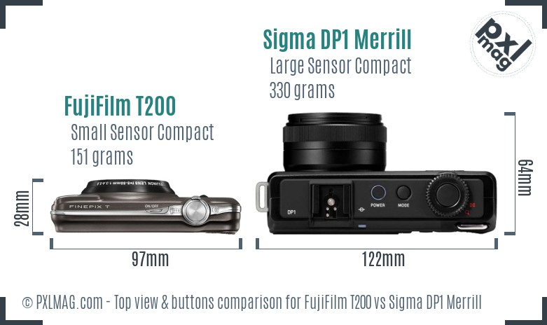 FujiFilm T200 vs Sigma DP1 Merrill top view buttons comparison