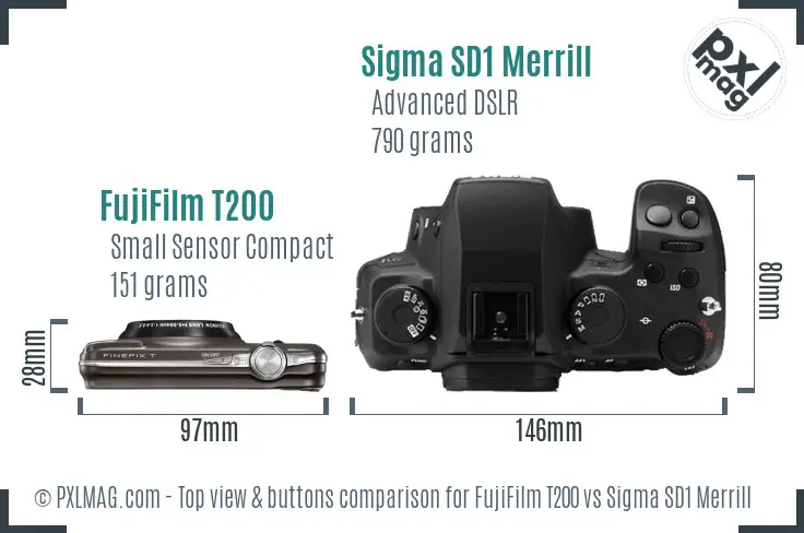 FujiFilm T200 vs Sigma SD1 Merrill top view buttons comparison FujiFilm T200 vs Sigma SD1 Merrill top view buttons comparison