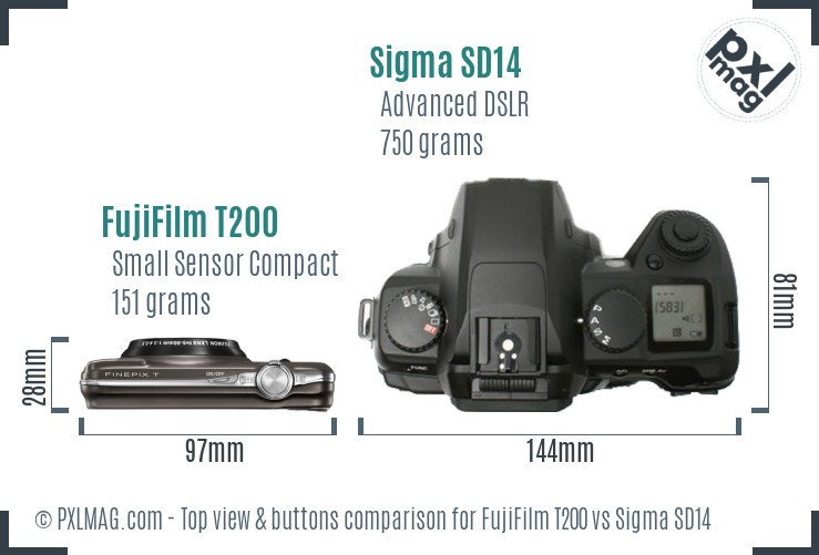 FujiFilm T200 vs Sigma SD14 top view buttons comparison