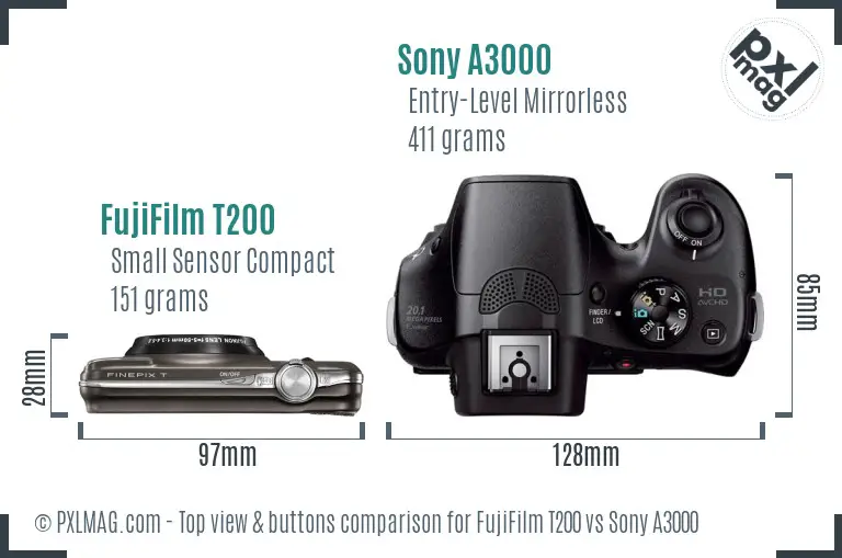 FujiFilm T200 vs Sony A3000 top view buttons comparison FujiFilm T200 vs Sony A3000 top view buttons comparison